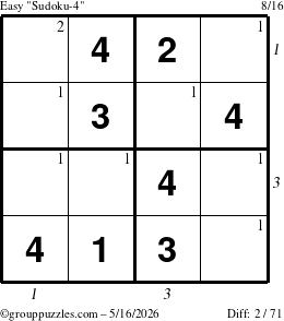 The grouppuzzles.com Easy Sudoku-4 puzzle for Saturday May 16, 2026, suitable for printing, with all 2 steps marked