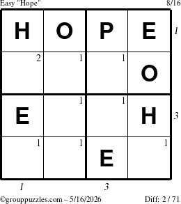 The grouppuzzles.com Easy Hope puzzle for Saturday May 16, 2026, suitable for printing, with all 2 steps marked