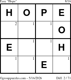 The grouppuzzles.com Easy Hope puzzle for Saturday May 16, 2026 with the first 2 steps marked
