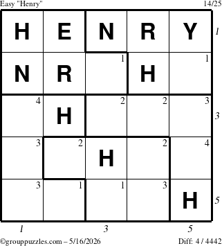The grouppuzzles.com Easy Henry puzzle for Saturday May 16, 2026, suitable for printing, with all 4 steps marked