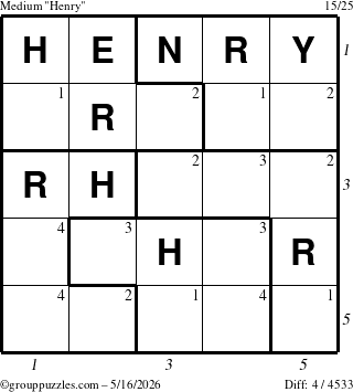 The grouppuzzles.com Medium Henry puzzle for Saturday May 16, 2026, suitable for printing, with all 4 steps marked
