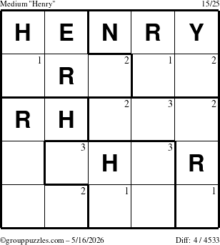 The grouppuzzles.com Medium Henry puzzle for Saturday May 16, 2026 with the first 3 steps marked
