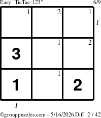 The grouppuzzles.com Easy TicTac-123 puzzle for Saturday May 16, 2026, suitable for printing, with all 2 steps marked