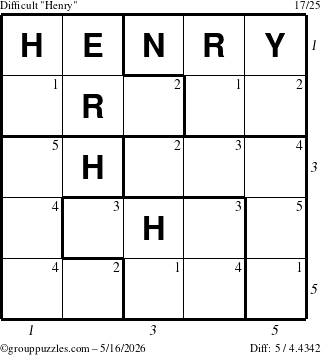 The grouppuzzles.com Difficult Henry puzzle for Saturday May 16, 2026 with all 5 steps marked