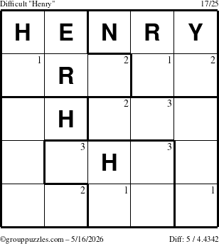 The grouppuzzles.com Difficult Henry puzzle for Saturday May 16, 2026 with the first 3 steps marked