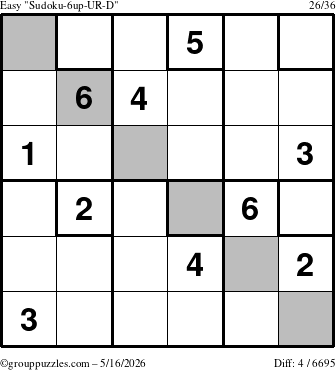 The grouppuzzles.com Easy Sudoku-6up-UR-D puzzle for Saturday May 16, 2026