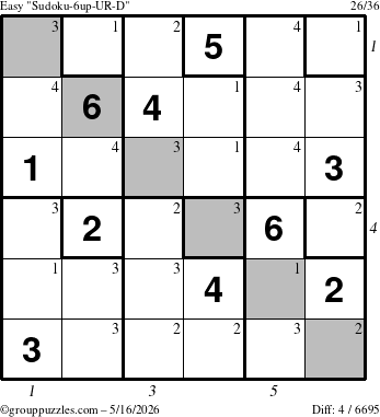 The grouppuzzles.com Easy Sudoku-6up-UR-D puzzle for Saturday May 16, 2026, suitable for printing, with all 4 steps marked