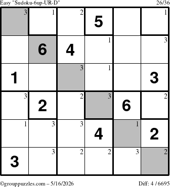 The grouppuzzles.com Easy Sudoku-6up-UR-D puzzle for Saturday May 16, 2026 with the first 3 steps marked