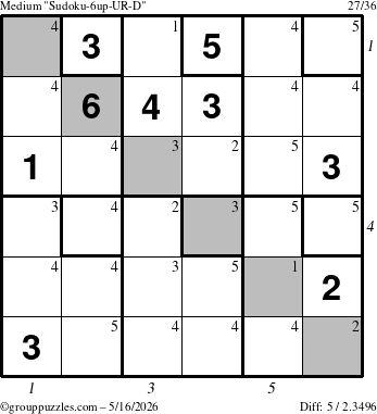 The grouppuzzles.com Medium Sudoku-6up-UR-D puzzle for Saturday May 16, 2026, suitable for printing, with all 5 steps marked