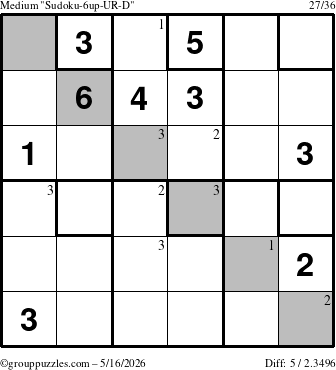 The grouppuzzles.com Medium Sudoku-6up-UR-D puzzle for Saturday May 16, 2026 with the first 3 steps marked