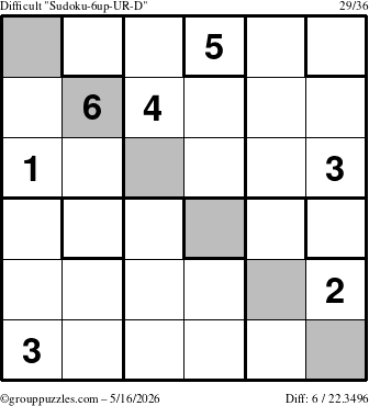 The grouppuzzles.com Difficult Sudoku-6up-UR-D puzzle for Saturday May 16, 2026
