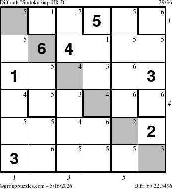 The grouppuzzles.com Difficult Sudoku-6up-UR-D puzzle for Saturday May 16, 2026, suitable for printing, with all 6 steps marked