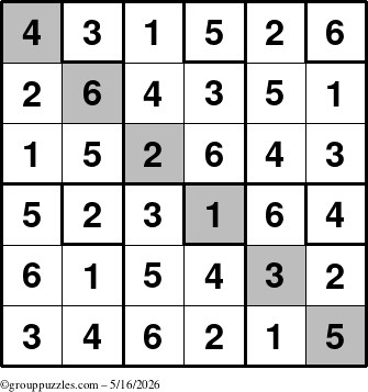 The grouppuzzles.com Answer grid for the Sudoku-6up-UR-D puzzle for Saturday May 16, 2026