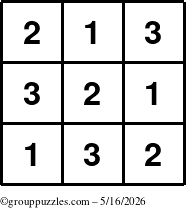 The grouppuzzles.com Answer grid for the TicTac-123 puzzle for Saturday May 16, 2026