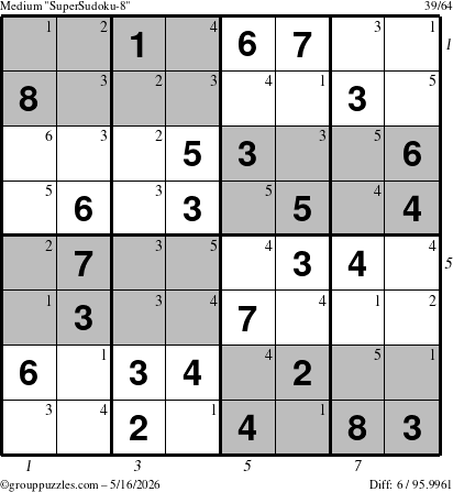 The grouppuzzles.com Medium SuperSudoku-8 puzzle for Saturday May 16, 2026 with all 6 steps marked