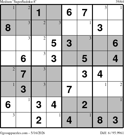 The grouppuzzles.com Medium SuperSudoku-8 puzzle for Saturday May 16, 2026 with the first 3 steps marked