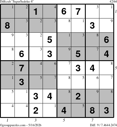 The grouppuzzles.com Difficult SuperSudoku-8 puzzle for Saturday May 16, 2026, suitable for printing, with all 9 steps marked