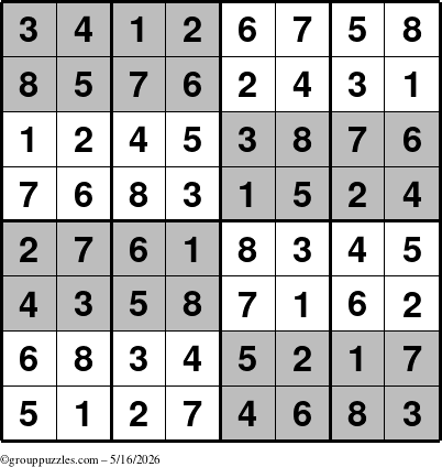 The grouppuzzles.com Answer grid for the SuperSudoku-8 puzzle for Saturday May 16, 2026