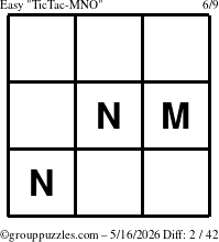The grouppuzzles.com Easy TicTac-MNO puzzle for Saturday May 16, 2026