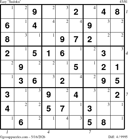 The grouppuzzles.com Easy Sudoku puzzle for Saturday May 16, 2026, suitable for printing, with all 4 steps marked