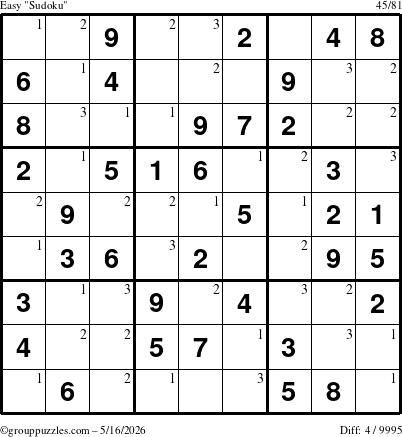The grouppuzzles.com Easy Sudoku puzzle for Saturday May 16, 2026 with the first 3 steps marked