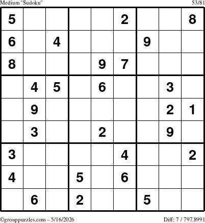 The grouppuzzles.com Medium Sudoku puzzle for Saturday May 16, 2026