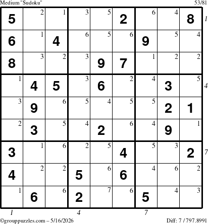 The grouppuzzles.com Medium Sudoku puzzle for Saturday May 16, 2026, suitable for printing, with all 7 steps marked