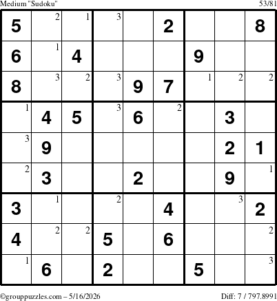 The grouppuzzles.com Medium Sudoku puzzle for Saturday May 16, 2026 with the first 3 steps marked