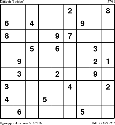 The grouppuzzles.com Difficult Sudoku puzzle for Saturday May 16, 2026