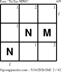 The grouppuzzles.com Easy TicTac-MNO puzzle for Saturday May 16, 2026 with all 2 steps marked