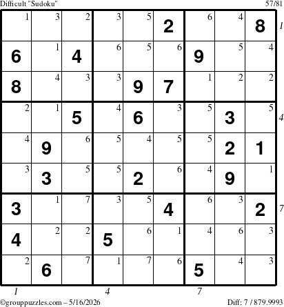 The grouppuzzles.com Difficult Sudoku puzzle for Saturday May 16, 2026, suitable for printing, with all 7 steps marked