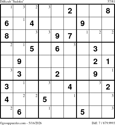 The grouppuzzles.com Difficult Sudoku puzzle for Saturday May 16, 2026 with the first 3 steps marked