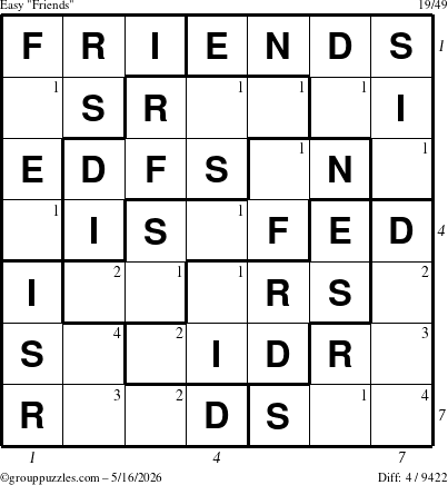 The grouppuzzles.com Easy Friends puzzle for Saturday May 16, 2026 with all 4 steps marked