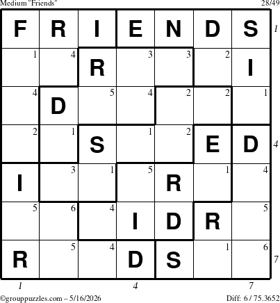 The grouppuzzles.com Medium Friends puzzle for Saturday May 16, 2026, suitable for printing, with all 6 steps marked
