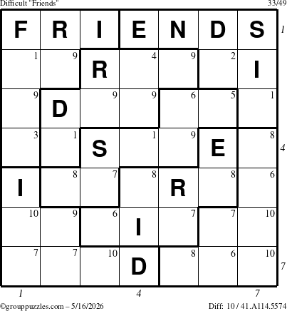 The grouppuzzles.com Difficult Friends puzzle for Saturday May 16, 2026, suitable for printing, with all 10 steps marked