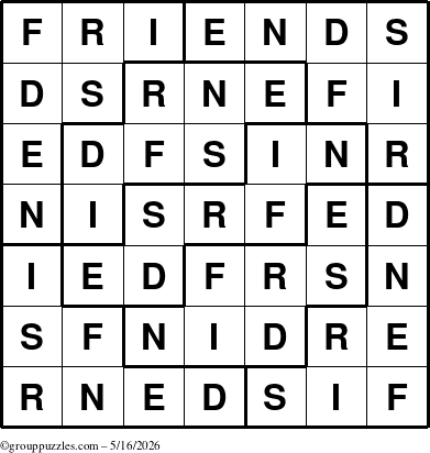 The grouppuzzles.com Answer grid for the Friends puzzle for Saturday May 16, 2026