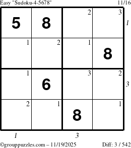 The grouppuzzles.com Easy Sudoku-4-5678 puzzle for Wednesday November 19, 2025, suitable for printing, with all 3 steps marked