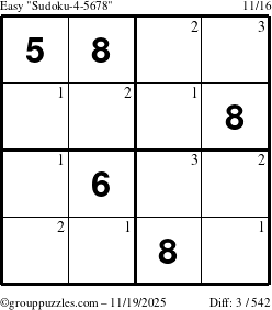 The grouppuzzles.com Easy Sudoku-4-5678 puzzle for Wednesday November 19, 2025 with the first 3 steps marked