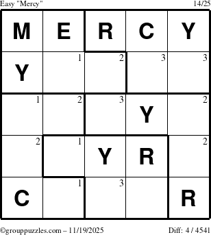 The grouppuzzles.com Easy Mercy puzzle for Wednesday November 19, 2025 with the first 3 steps marked