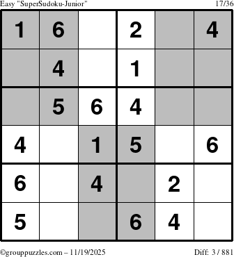 The grouppuzzles.com Easy SuperSudoku-Junior puzzle for Wednesday November 19, 2025
