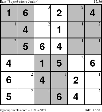 The grouppuzzles.com Easy SuperSudoku-Junior puzzle for Wednesday November 19, 2025 with the first 3 steps marked