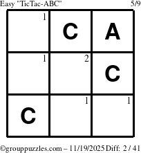 The grouppuzzles.com Easy TicTac-ABC puzzle for Wednesday November 19, 2025 with the first 2 steps marked
