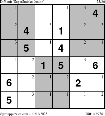 The grouppuzzles.com Difficult SuperSudoku-Junior puzzle for Wednesday November 19, 2025 with the first 3 steps marked