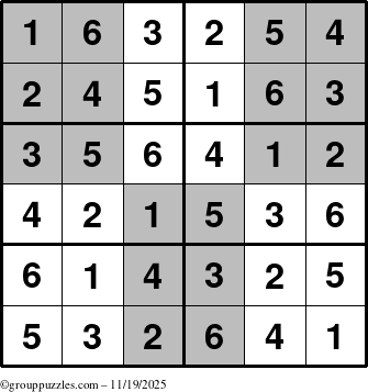 The grouppuzzles.com Answer grid for the SuperSudoku-Junior puzzle for Wednesday November 19, 2025