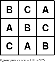 The grouppuzzles.com Answer grid for the TicTac-ABC puzzle for Wednesday November 19, 2025