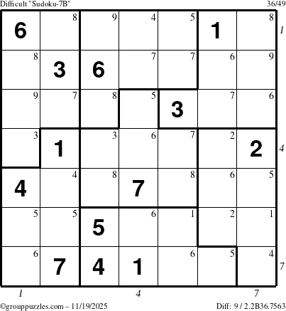 The grouppuzzles.com Difficult Sudoku-7B puzzle for Wednesday November 19, 2025, suitable for printing, with all 9 steps marked