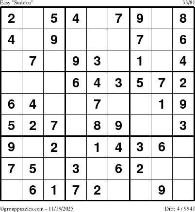 The grouppuzzles.com Easy Sudoku puzzle for Wednesday November 19, 2025