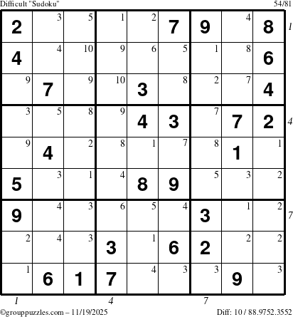 The grouppuzzles.com Difficult Sudoku puzzle for Wednesday November 19, 2025, suitable for printing, with all 10 steps marked