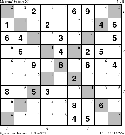 The grouppuzzles.com Medium Sudoku-X puzzle for Wednesday November 19, 2025, suitable for printing, with all 7 steps marked