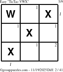 The grouppuzzles.com Easy TicTac-VWX puzzle for Wednesday November 19, 2025, suitable for printing, with all 2 steps marked
